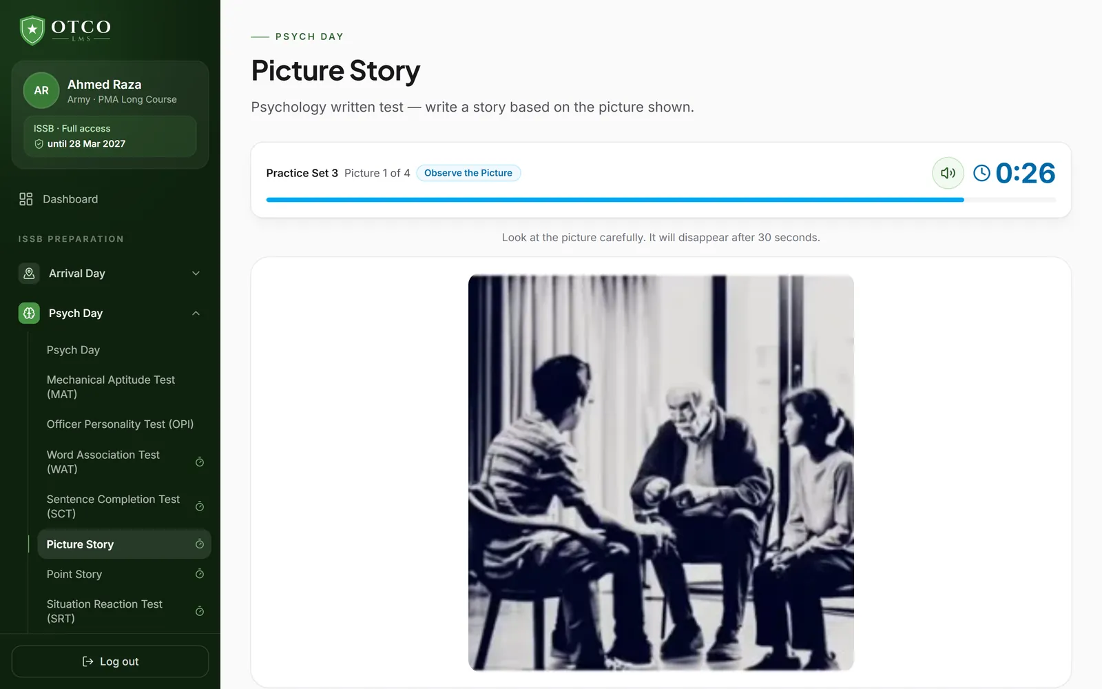 ISSB Picture Story practice with a 30-second viewing timer